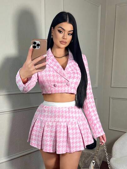 SHEIN SXY Women's Houndstooth Print Blouse And Pleated Skirt Suit Set,White And Pink,Autumn,Elegant,Party,Button Front Long Sleeve Christmas Halloween