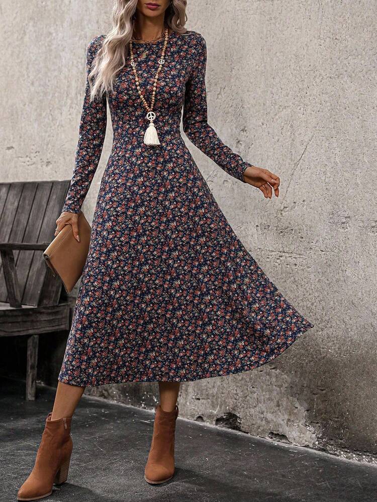 EMERY ROSE Women's Ditsy Floral Crew Neck Long Sleeve Dress For Vacation  Viscose Dress | SHEIN