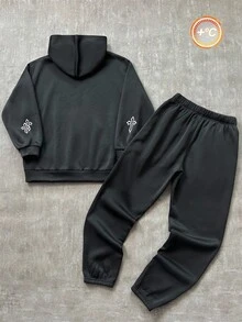 SHEIN 青少年男孩黑色撞色超大运动衫和运动裤套装，十字印花，休闲，舒适，百搭，面料柔软，适合日常穿着、上学、郊游、户外运动、秋冬 - 黑色 - 查看 4