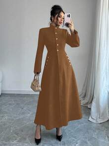 Selianne 女士时尚纯色立领长款大衣，秋冬 - 棕色 - 查看 4