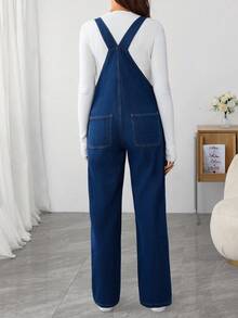 SHEIN 休闲百搭宽松日常孕妇牛仔背带裤 - 藍色 - 查看 2