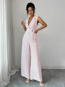 Selianne 女士优雅黑白条纹平领连体裤 - 紅色 - 查看 6