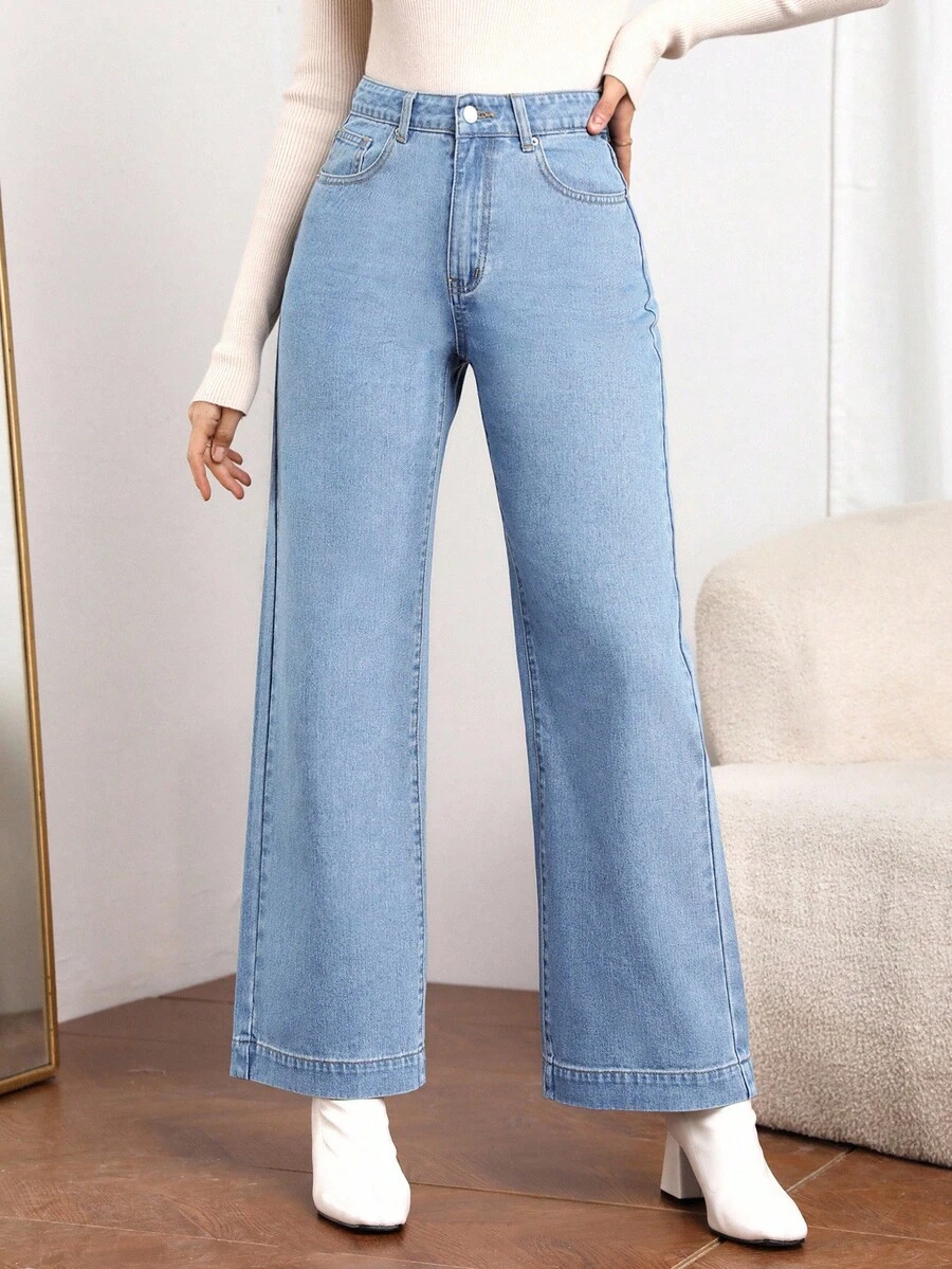 SHEIN Essnce 女式口袋宽松阔腿休闲百搭牛仔裤 - 藍色 - 查看 1