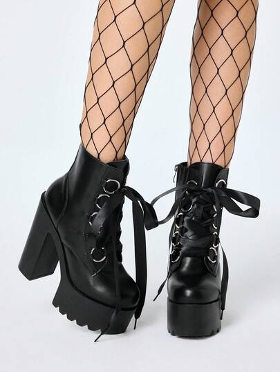 Goth Women's Fashion High Heel Thick Platform Boots - Punk Gothic Style Casual Round Metal Buckle Sexy Lace-Up Round Toe Boots - Comfortable Easy Side Zipper Chunky Heel Ankle Boots