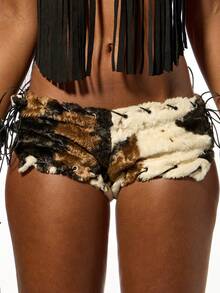 SUMWON WOMEN Halloween Cow Print Faux Fur Booty Shorts With Black Leather Fringe Details Festival Party Micro Shorts