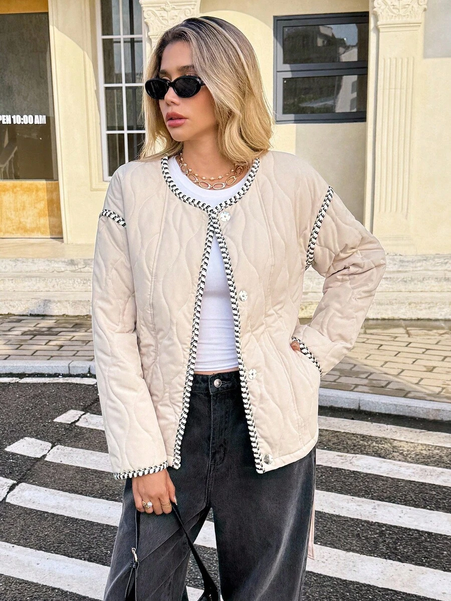 SHEIN Frenchy Women's Light Beige Winter Elegant Hiking Contrast Trim Round Neck Drop Shoulder Long Sleeve Button Front Casual Padded Coat,Quilted Jacket,Brown - Khaki - View 1