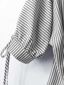 Chiquease 優雅短袖襯衫、條紋襯衫、收腰泡泡袖洋裝，適合女性襯衫洋裝、條紋襯衫洋裝、寬鬆襯衫洋裝 - 黑色 - 查看 4