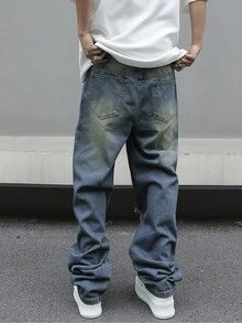 Manfinity EMRG Plain Medium Wash Wide Leg Denim Jeans For Men Long Ripped Design Casual Wear Drip Jeans - Medium Wash - View 2