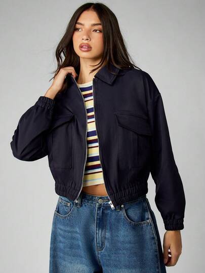 MISSGUIDED 超大号女式短款飞行员夹克海军蓝实用风格秋季春季休闲拉链外套，带前口袋条纹毛衣层搭外观