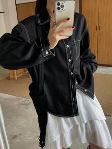 DAZY 浅色水洗牛仔衬衫，有领有口袋，宽松长袖，春夏秋 - 黑色 - 查看 7