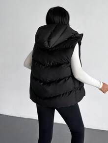 EURMUSE Women Zipper And Hooded Detailed Padded Winter Vest - Black - View 2