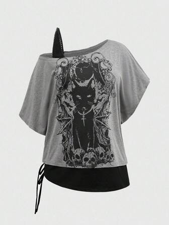 Plus Size Gothic Dark Mysterious Black Cat Divination Oblique Shoulder 2 In 1 Women T-Shirt