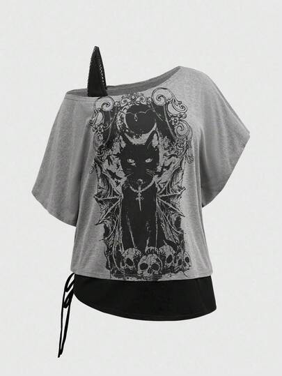 Goth T-shirt femme 2 en 1 à épaule oblique, chat noir gothique, mystérieux et sombre, grande taille