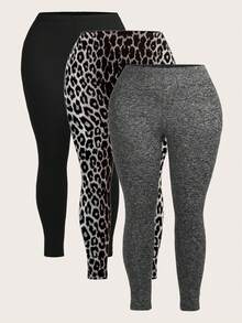 SHEIN Tall CURVE 3pcs/Set Plus Size Solid & Leopard Print Leggings/Yoga Pants, Casual For Autumn/Winter - Multicolor - View 2