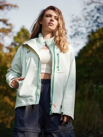 Hanevo Áo khoác gió thể thao leo núi ngoài trời màu trơn có mũ trùm đầu dành cho nữ