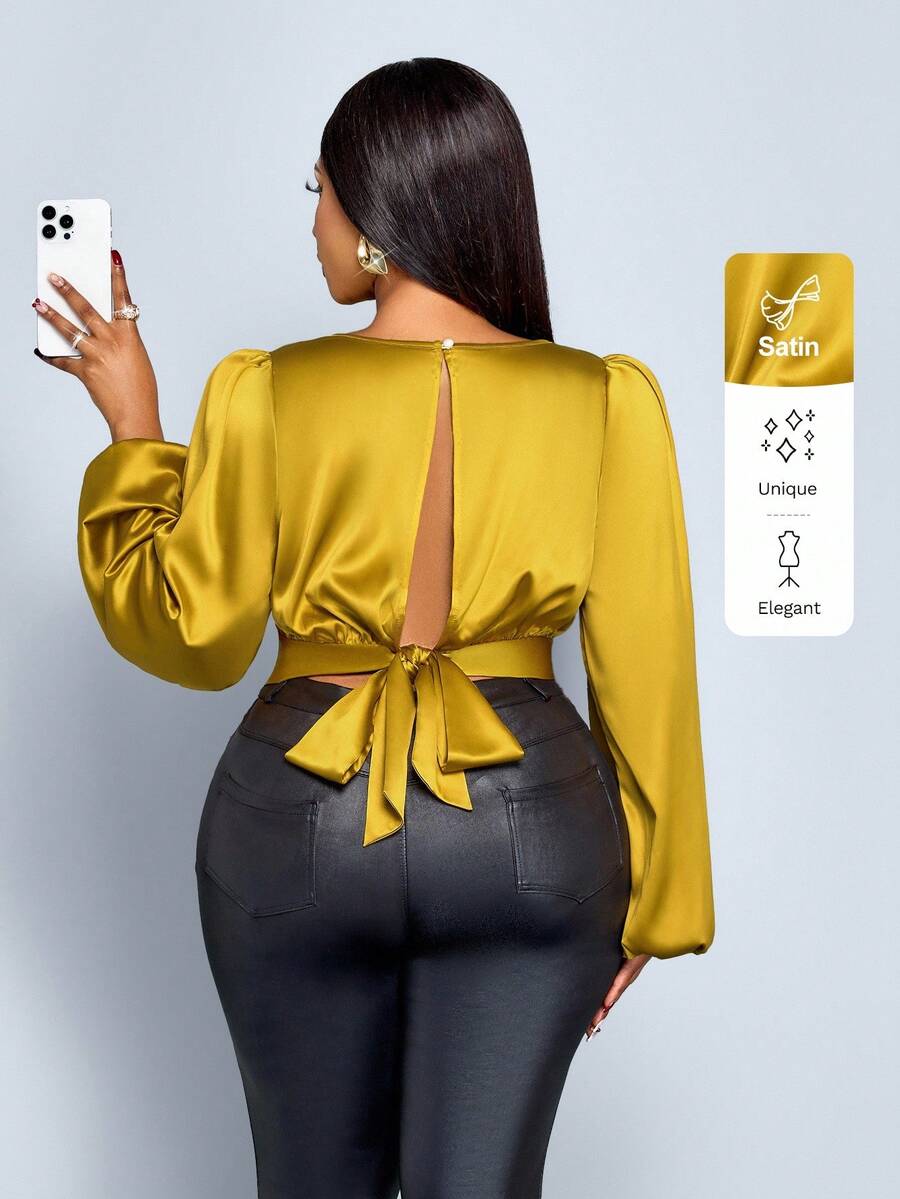 SOLERSUN 女士加大码时尚灯笼袖系带露背缎面衬衫，秋冬优雅，适合日常通勤、外出、休闲穿着，圆领短款下摆，拼接露背设计，姜黄色亮面面料 - 芥末黃 - 查看 1