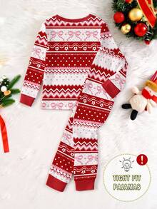 SHEIN 1set Tween Girls Vintage Red Butterfly & Floral Print Knit Crew Neck Snug Fit Long Sleeve Top And Pants Pajama Set, Suitable For Christmas And Holidays  Snug Fit Christmas Pajamas - Red - View 2