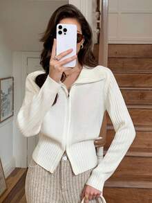 Elyressa Damen einfarbige Lange Ärmel Lässig Reißverschluss Strickjacke, Herbst