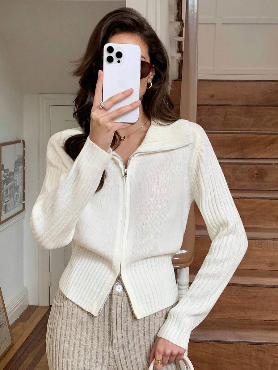 Elyressa Damen einfarbige Lange Ärmel Lässig Reißverschluss Strickjacke, Herbst