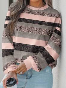 EMERY ROSE 大码粉色闪光条纹印花休闲运动衫，适合秋冬季派对 - 彩色 - 查看 6