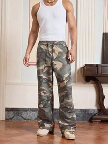 SWAVVY Men's Camouflage Pattern Drawstring Waist Pockets Casual Pants - Army Green - View 4