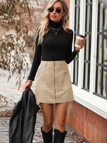 EMERY ROSE Falda de pana con cremallera, bolsillos con parches y cierre delantero