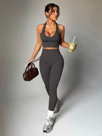 Dewbera Women's Solid Color Halter Backless Fitted Short Sports Set