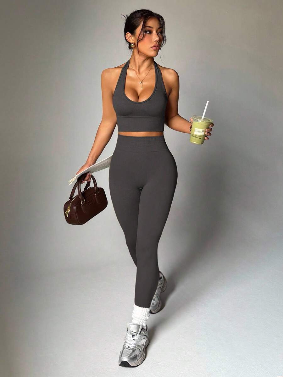Dewbera Women's Solid Color Halter Backless Fitted Short Sports Set - Dark Grey - View 1