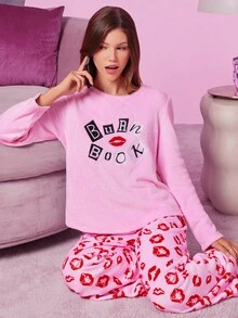 Mean Girls X SHEIN Set pigiama donna rosa autunnale con ricamo a lettere e pantaloni, abbigliamento autunno/inverno, set pigiama in flanella soffice e caldo per Natale, pigiama carino da donna per la casa, confortevole