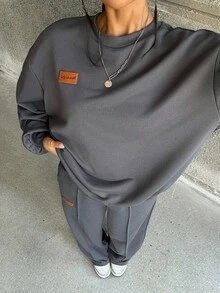 SHEIN Teenager Mädchen 2 Stücke Set: Locker sitzender Rundhals-Sweatshirt mit Patch-Dekor & weite Hose, lässiger Hausanzug