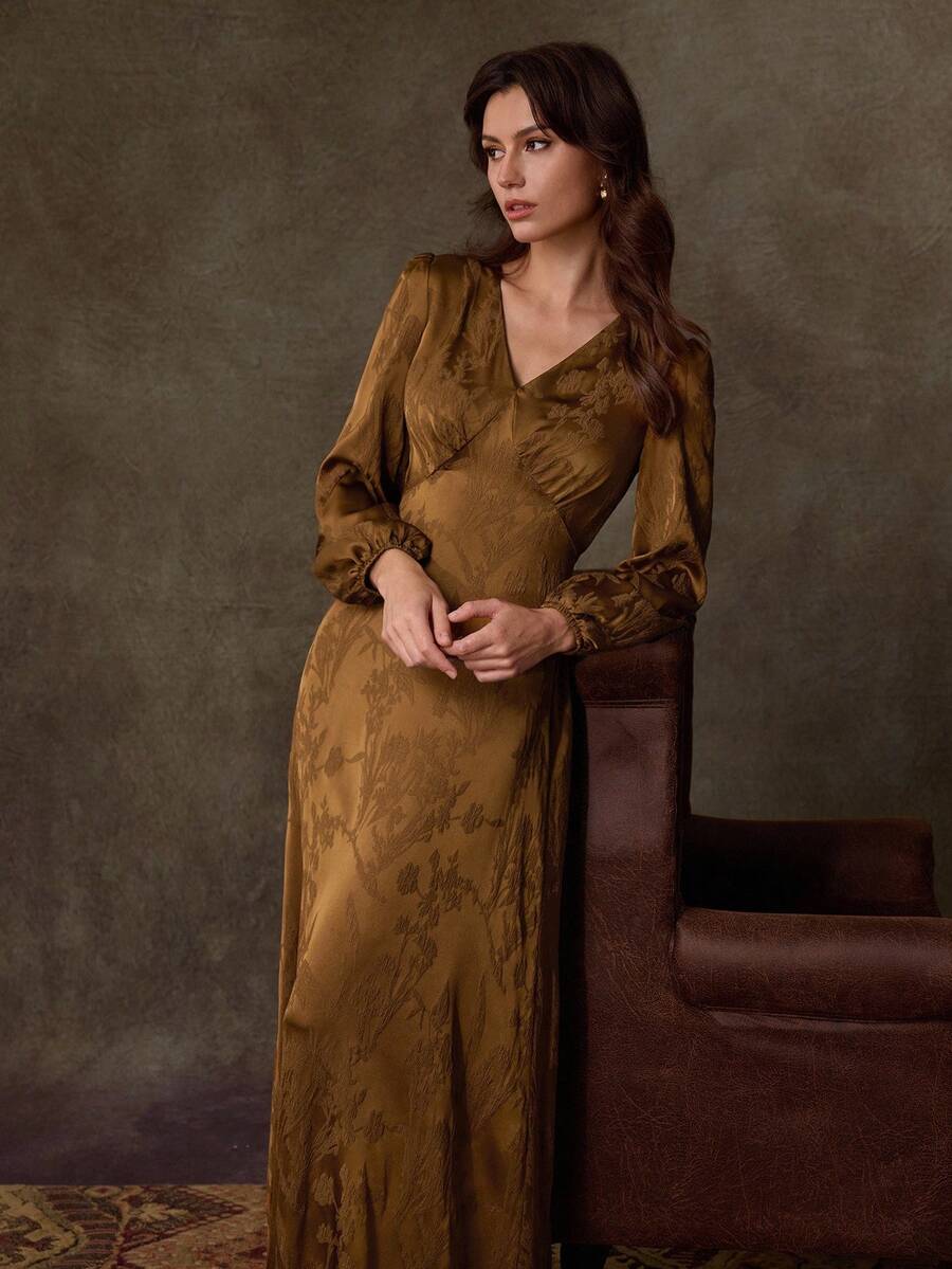 Lilora Elegant Satin Jacquard Deep V-Neck Waist Cinched Long Sleeve Women's Long Dress,Dresses For Women Elegant