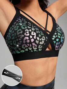 Innovista 女士时尚豹纹镂空交叉运动文胸 - 黑色 - 查看 6
