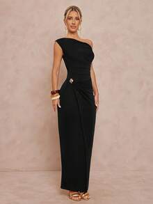 Lumalex 女士不对称露肩金属装饰修身连衣裙，婚礼宾客礼服 - 黑色 - 查看 8