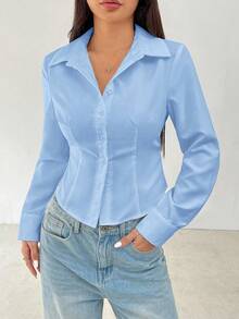 SHEIN EZwear 大码女士休闲商务简约百搭纯色长袖修身衬衫，适合工作通勤，春秋季 - 淺藍色 - 查看 5