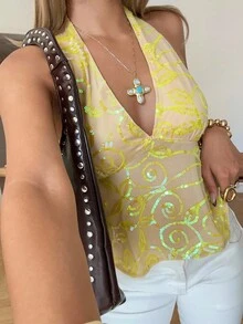 SHEIN EZwear Beaded Halter Backless Top - Yellow - View 4