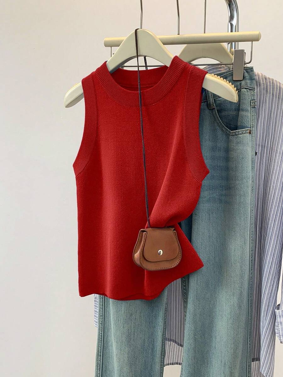 SHEIN Áo len cổ tròn không tay đơn sắc, thoải mái, đa năng dành cho nữ - Màu Đỏ Sâu - Xem 1