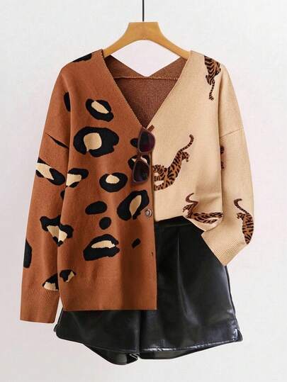 EMERY ROSE Cárdigan de manga larga con cuello en V, estampado de leopardo y bloques de color, talla grande