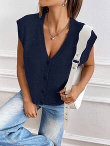EMERY ROSE Button Front Sweater Vest Without Blouse - Navy Blue - View 7