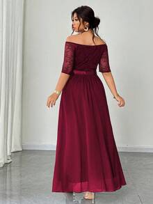 Elenzga Große Größen Elegantes romantisches Weihnachts-Partykleid in Rot für Damen, Spitzen-Patchwork Off-Shoulder Kurzarm Taille Raffung Chiffon fließendes Maxikleid, Frühling/Herbst