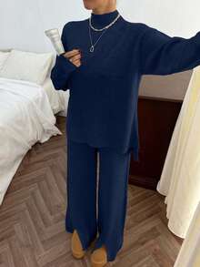 SHEIN Cottnline Rib Pattern Pocket Pullover Pant Knit Set - Navy Blue - View 6