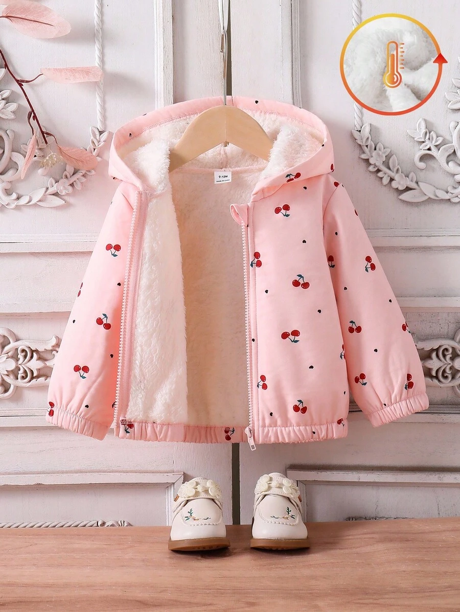 SHEIN Baby Girls Toddlers 0-3 Years Old Autumn/Winter Versatile Daily Warm Thermal Lined Cute Cherry Pattern Hooded Jacket Fall