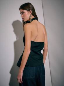 Nöista Asymmetrical Halter Top With Metal Ring Embellishments; A Statement Party Piece And Evening Option That Transitions Well From Fall To Winter. Perfect For Halloween, Going Out, Party, Christmas - Black - View 2