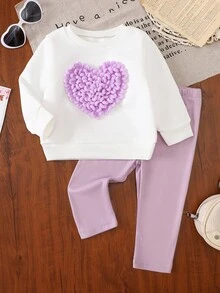 SHEIN 女婴幼儿新生儿0-3岁可爱趣味日常百搭3D心形长袖卫衣和打底裤套装，婴儿秋冬装 - 紫色 - 查看 3