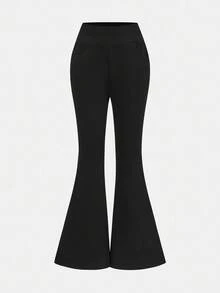 SHEIN Serisse Kids Quần tập yoga bó sát, co giãn, lưng cao màu đen trơn dành cho bé gái tuổi teen, có túi và giá đỡ điện thoại, quần ống loe đa năng để mặc khi đi chơi và hoạt động ngoài trời hàng ngày - màu đen - Xem 4