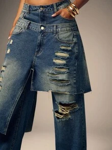 Denimoi Baggy Fit Distressed Frayed Hem Overlapping Denim Jeans - Medium Wash - View 4