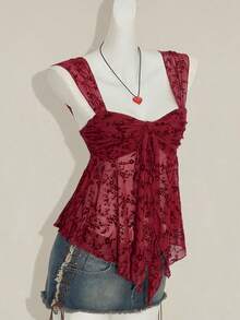 SHEIN ICON 女士花卉纹理无袖背心，深红色蕾丝上衣，适合感恩节和圣诞节穿着。 - 紅色 - 查看 7