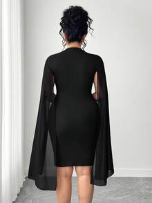 SHEIN PETITE CURVE 大码女式优雅纯色斗篷袖直筒连衣裙，适合通勤 - 黑色 - 查看 2