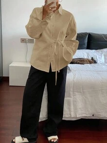 DAZY 女士休闲宽松牛仔衬衫，侧边系带长袖 - 卡其色 - 查看 2