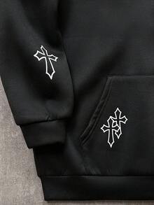 SHEIN 青少年男孩黑色撞色超大运动衫和运动裤套装，十字印花，休闲，舒适，百搭，面料柔软，适合日常穿着、上学、郊游、户外运动、秋冬 - 黑色 - 查看 7