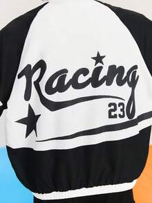 SHEIN Tween Boy Racing White,Autumn,Street Life Casual Graphic Street Fashion,School,Back-To-School Letter Zip-Up Stand Collar Short Racer Jacket - Black - View 4